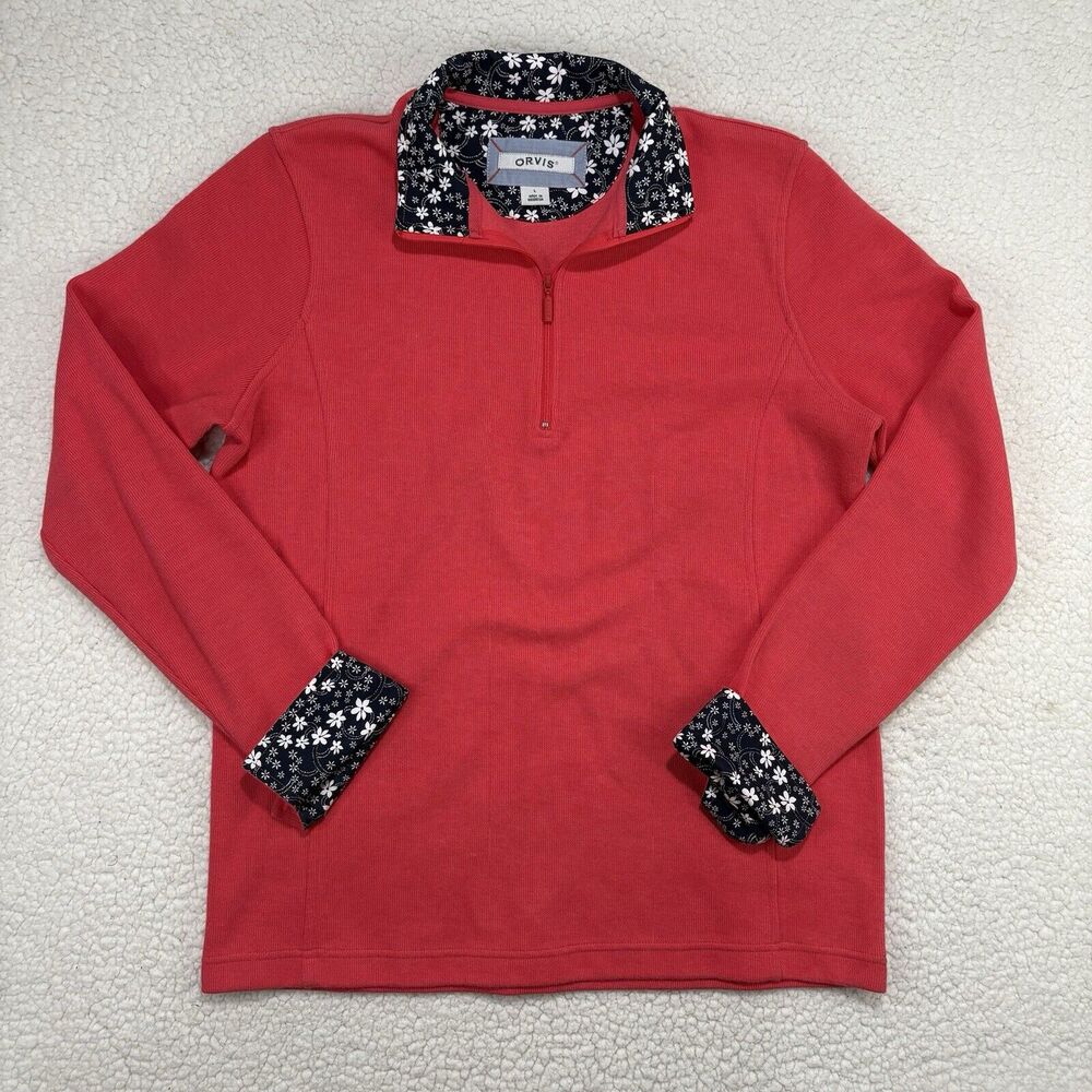 Orvis Sweater Womens L Coral Quarter Zip 1/4 Sweater Floral Collar Flip Cuffs